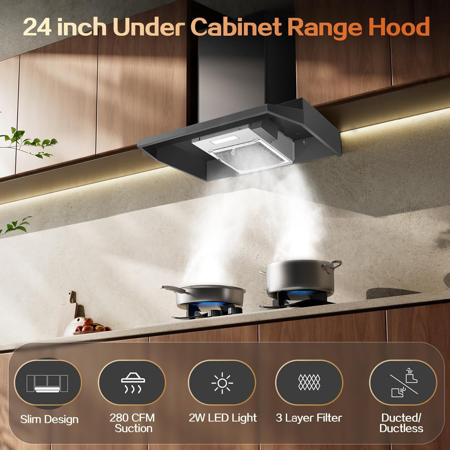 24 inch Range Hood Under Cabinet, Stainless Steel Kitchen Hood 280CFM, Ducted/Ductless Vent Hood with Rocker Button Control, Stove Hood with 2 Speeds Fan, Bright LED Light, black, silver, white