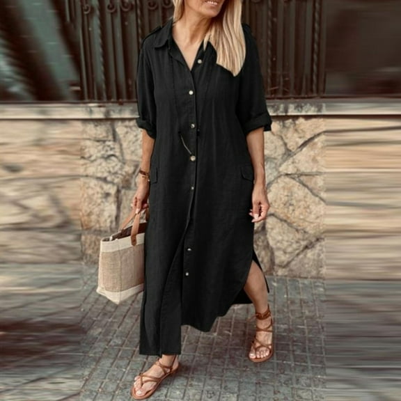 Ayolanni Black Women's Casual Dresses Baggy Cotton Linen Solid Long Sleeve Shirt Dresses Teen Girl Dresses L
