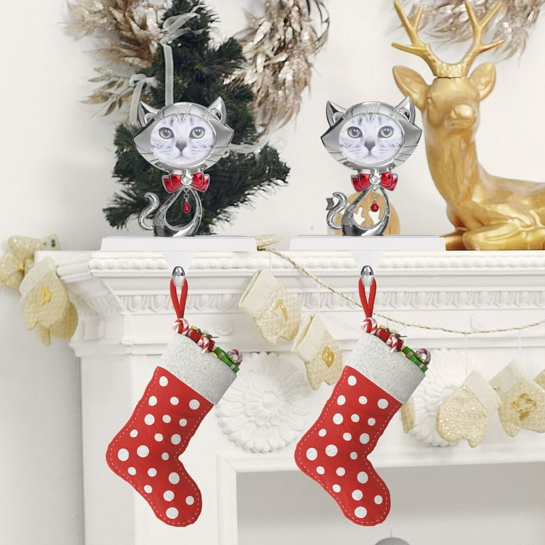 Set Of 2 Christmas Stocking Holders - Dog & Cat Metal Hangers For Fireplace Mantel, Silver, Weighted Base, 4lb Capacity, No Tools Needed