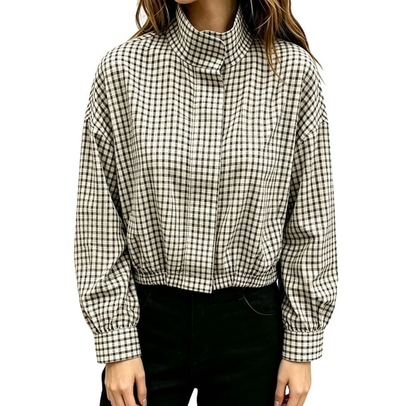 GILIGEGE Women Oversized Cropped Gingham Jacket,Zip Up Stand Collar with Batwing Sleeves Casual Coat,Loose Lightweight Spring Fall Jackets with Pockets,Windbreaker Coats Khaki S