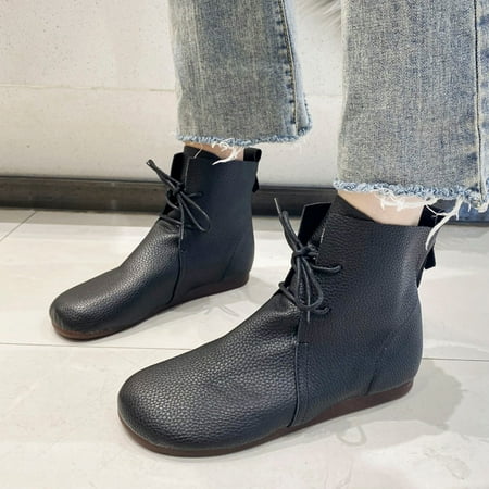 

ZMHEGW Boots For Women Comtable Solid Color Autumn Flat Lace Up Short Booties Round Toe Boots Shoes