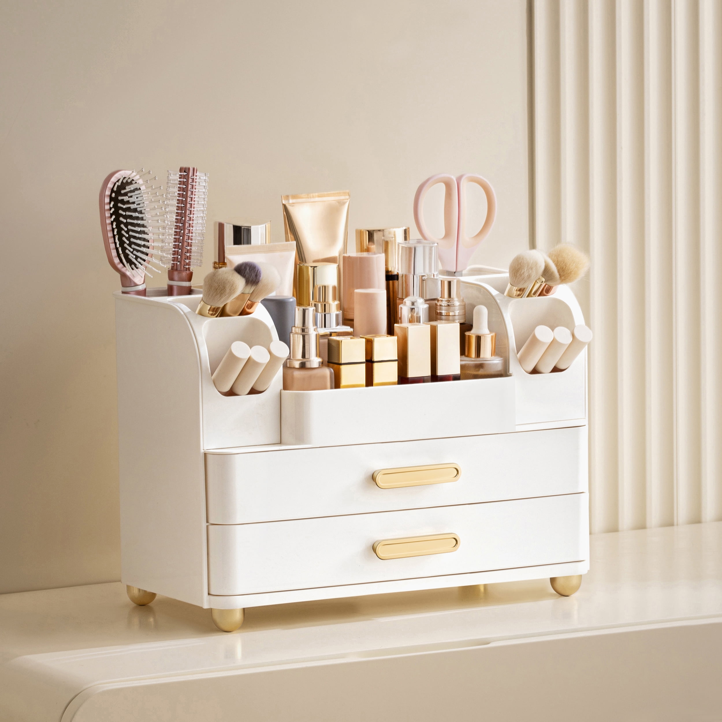 HBlife Makeup Organizer for Vanity with Brush Holder, Large Bathroom Countertop Cosmetic Organizer, All White