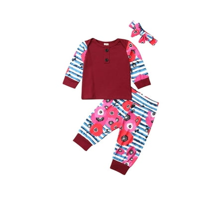 

Baby Girl Boys Floral Clothes Sets Pullover Tops T-Shirt Pants Leggings Headband 3PCS Outfits Set