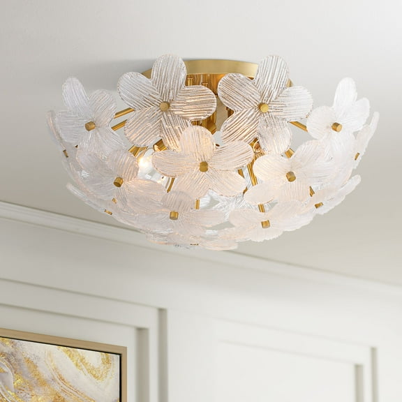 Possini Euro Design Filoli 20" Modern Semi Flush-Mount Ceiling Light Fixture Kitchen Foyer Hallway Flower Unique Gold Finish Glass