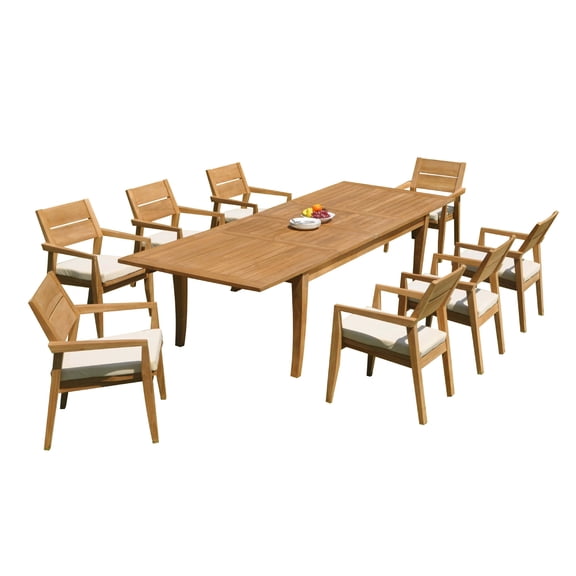 Grade-A Teak Dining Set: 8 Seater 9 Pc: 122" Atnas Rectangle Table And 8 Vellore Stacking Arm Chairs Outdoor Patio WholesaleTeak #51VL2809