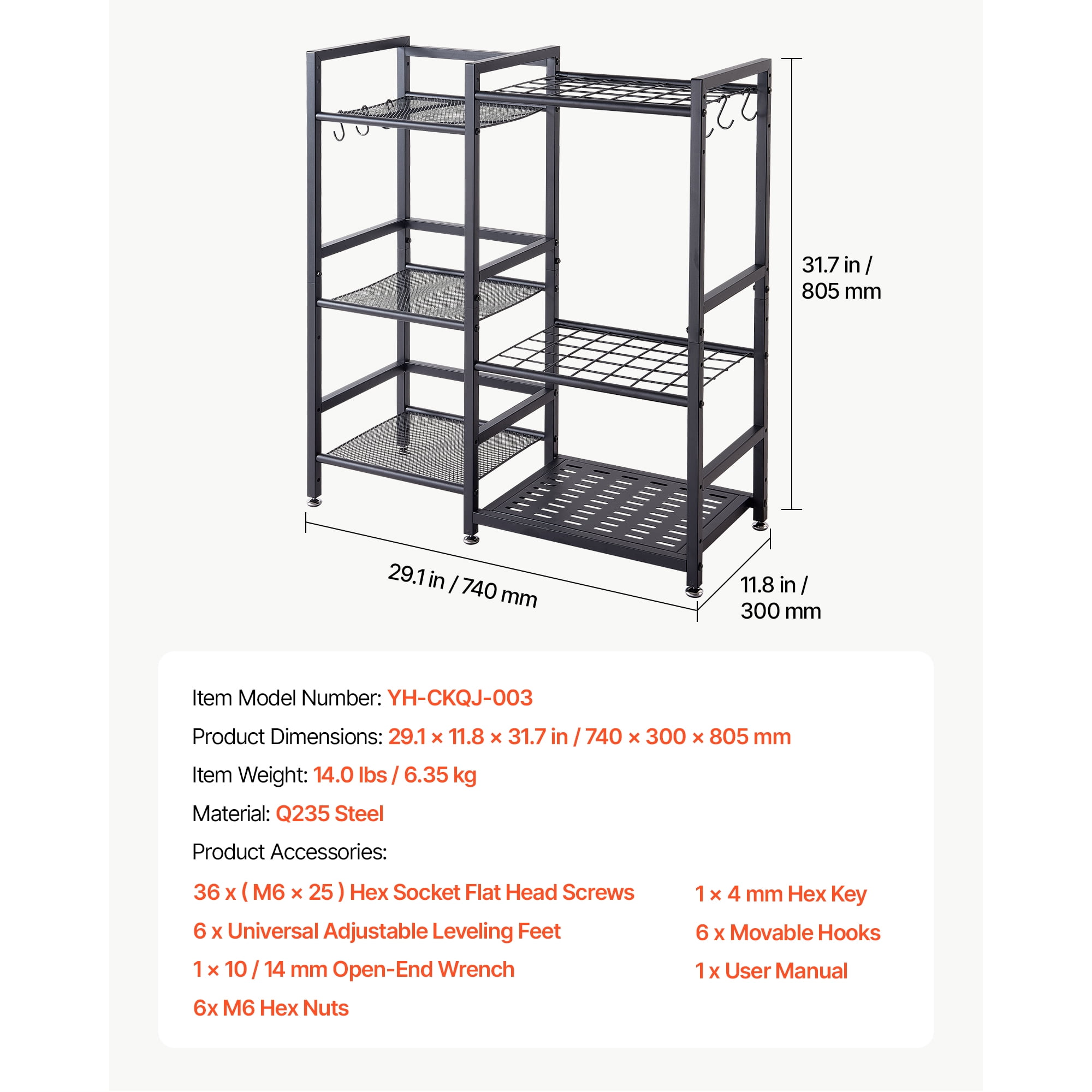 KFFKFF 3-Tier Metal Garden Tool Organizer with Guard Rail, Heavy-Duty Steel Storage Rack for Rakes, Shovels, and Brooms, Ideal for Garage, Shed, or Outdoor Use, Includes Hooks, Black