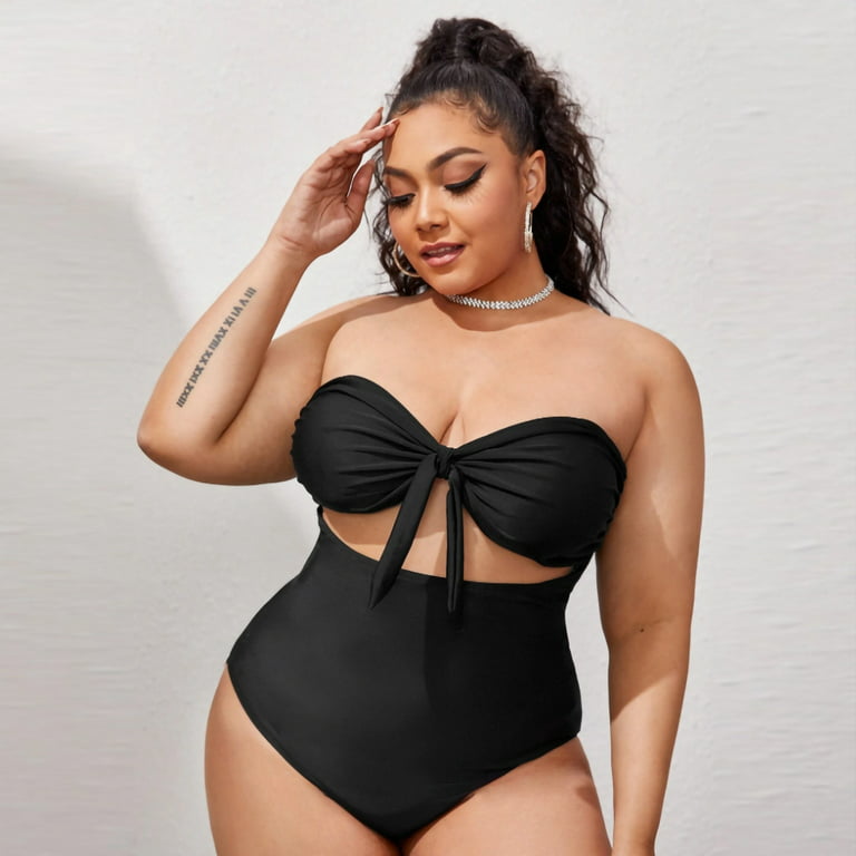 Plus Size Swimwear Lace Up Solid Swimsuit Bathing Suits Women One