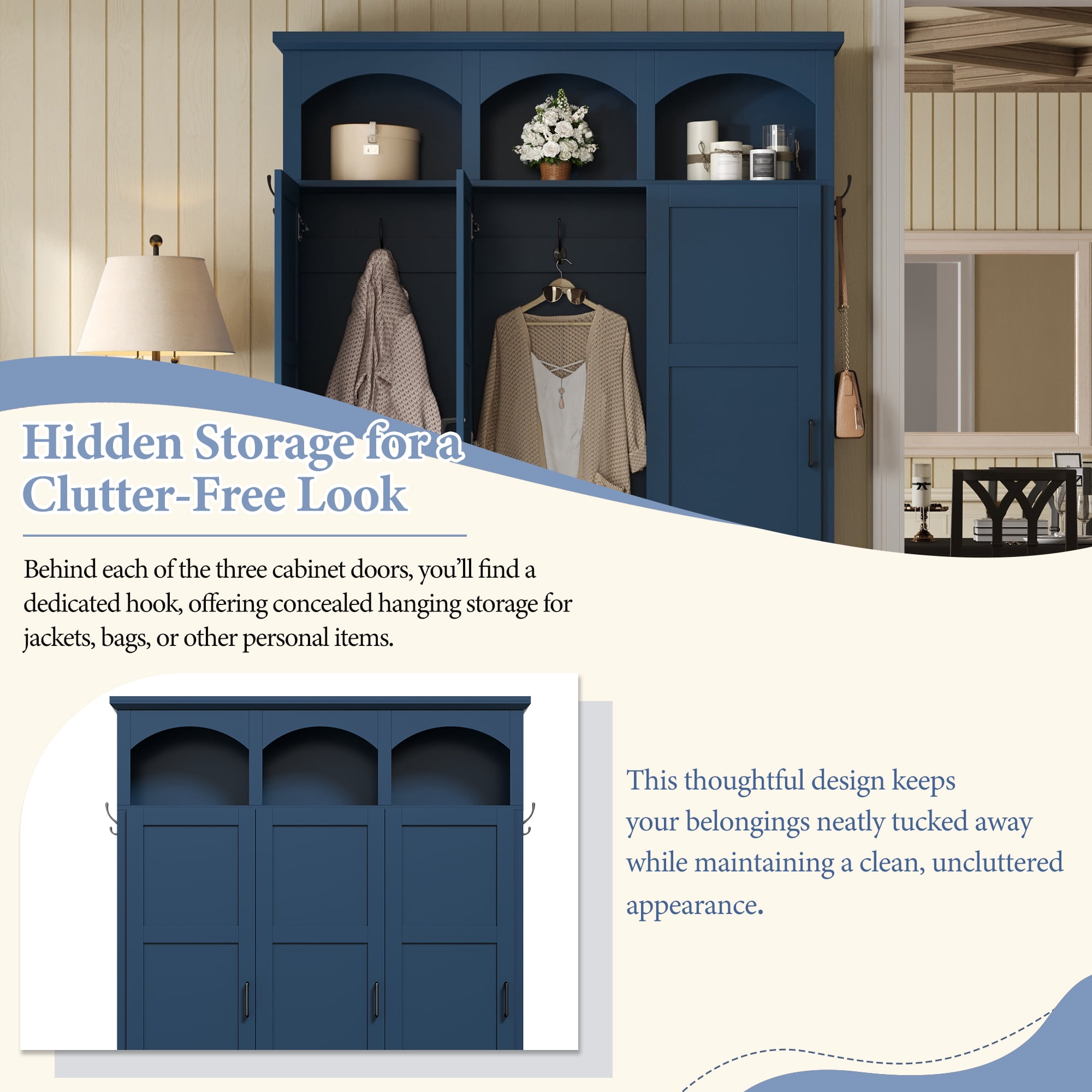 Homy Casa 49.2" Mudroom Hall Tree with Built-in Bench, Coat Rack, Doors & Shoe Storage, Blue
