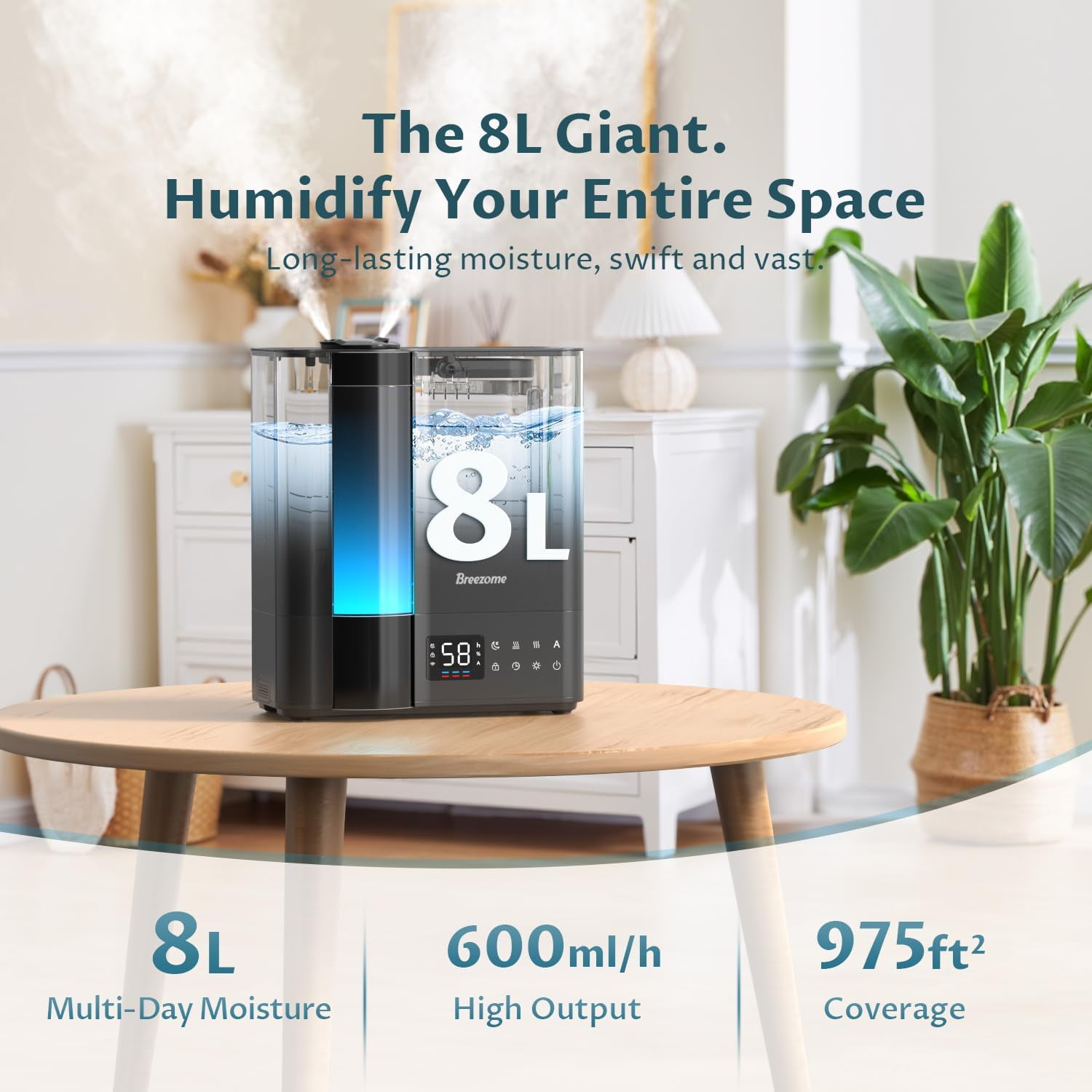 8L Humidifiers for Bedroom, Warm & Cool Mist for Large Room Home, Top Fill Ultrasonic Humidifier, Humidity Sensor, Essential Oil, 60H Runtime, Quiet for Baby, Plants, Fast Relief