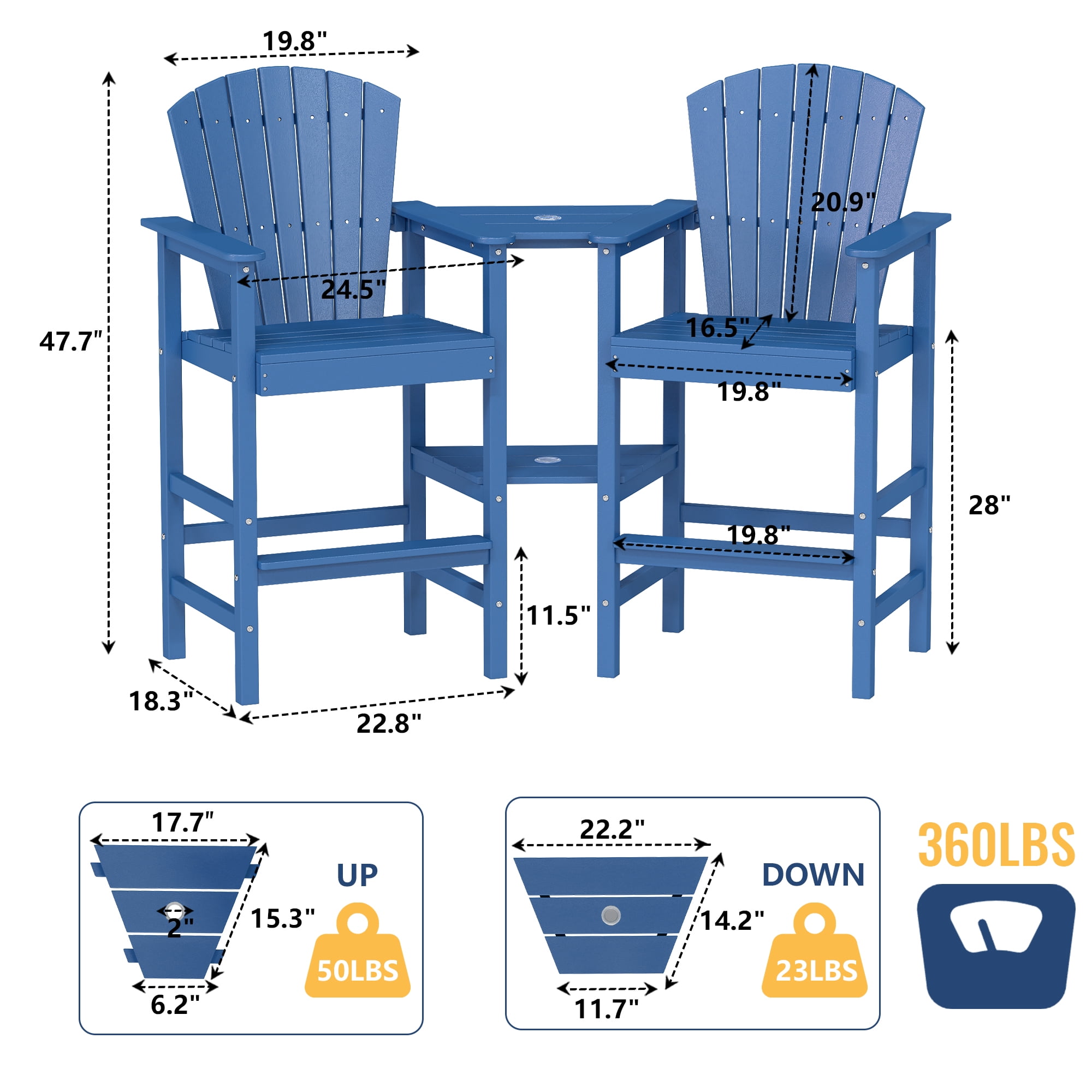 FOOWIN Tall Adirondack Chair Set of 2, HDPE All-Weather Adirondack Bar Stools with Connecting Tray, Blue