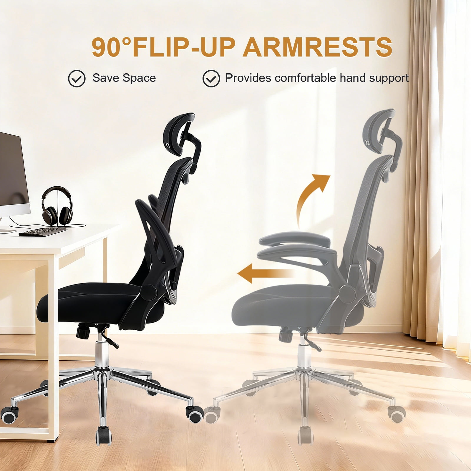 Office Chair Ergonomic Desk Chairs with Adjustable Lumbar Support& Headrest Hanger, High Back Breathable Mesh Chair with Wheels, Rolling Swivel Comfy Task Computer Chair for Home Work Gaming