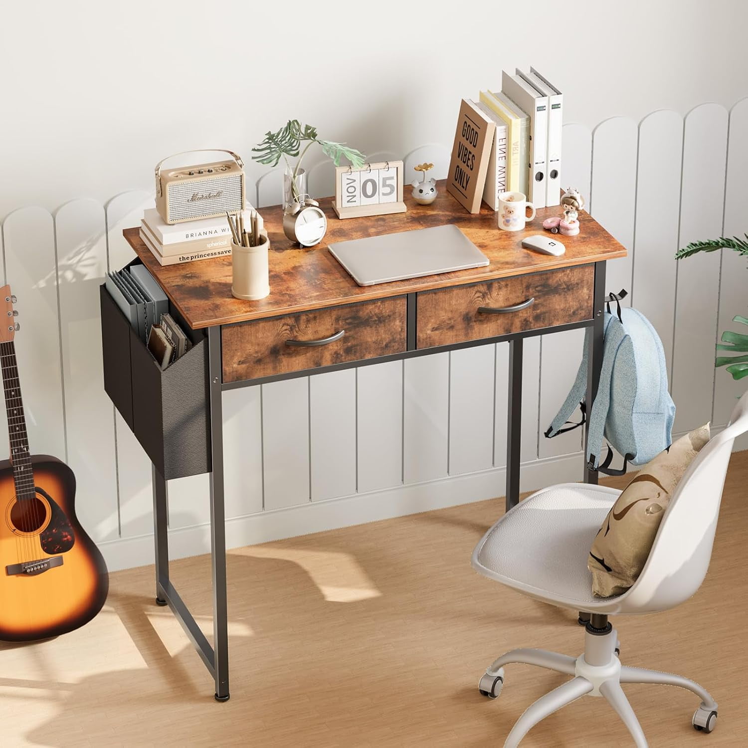 32 inch Small Desk with Drawers, Modern Study Writing Table Computer Desks with Storage Bag & Hook for Bedroom Home Office, Rustic Brown
