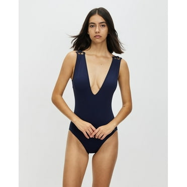 MSRP $130 Michael Kors Grommet V-Neck One-Piece Swimsuit Womens Navy Size 10