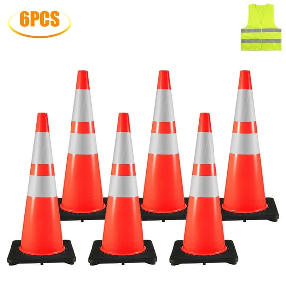 VEVOR 6-Pack 36-Inch Orange PVC Traffic Safety Cones with Reflective Collars and Weighted Base for Construction, Traffic, and Parking Management