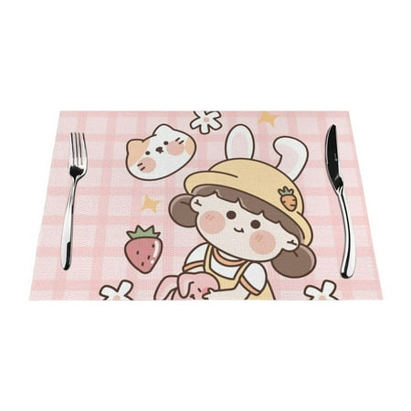 

PUREYAH Table Placemats Set of 1 Washable Heat Resistant Cartoon Cat Beautiful Girl Table Decorations Placemats for Dining Room Kitchen