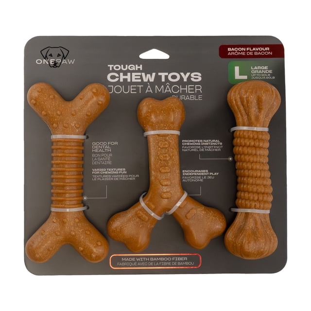 One Paw, 3 Pack Bamboo Fiber Bone Dog Toys, Durable and Good for Dental Health, Bacon Flavour, Fiber and Nylon Material