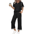 thumbnail image 1 of Sewkxo 2 Piece Sets for Women Summer Casual Stripe Round Neck Short Sleeves Tops Waist Drawstrings Wide Leg Trouser Trendy Loose Tracksuit Set with Pockets,Black S, 1 of 5