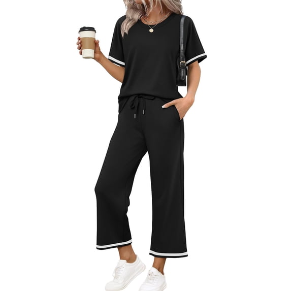 Sewkxo 2 Piece Sets for Women Summer Casual Stripe Round Neck Short Sleeves Tops Waist Drawstrings Wide Leg Trouser Trendy Loose Tracksuit Set with Pockets,Black S