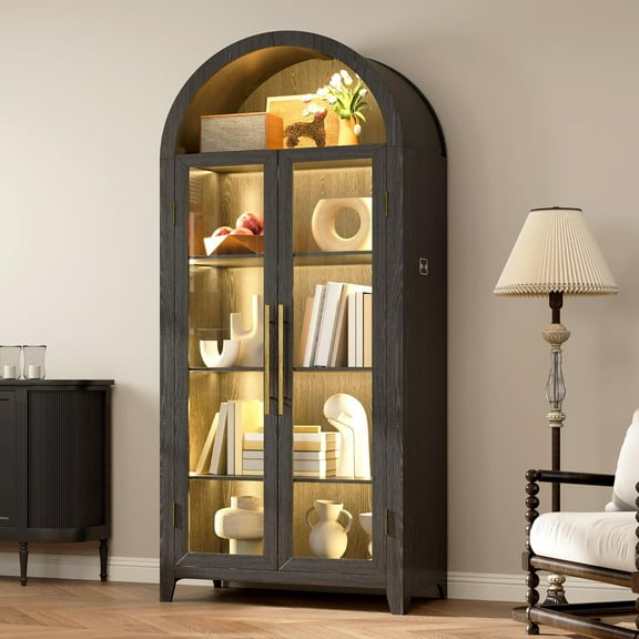 71”H Arched Storage Cabinet with Glass Doors, Modern Display Cabinet with 3 Color Light, Glass Display Case with Human Body Sensor, 5 Tier Kitchen Pantry Cupboard for Living Room, Black