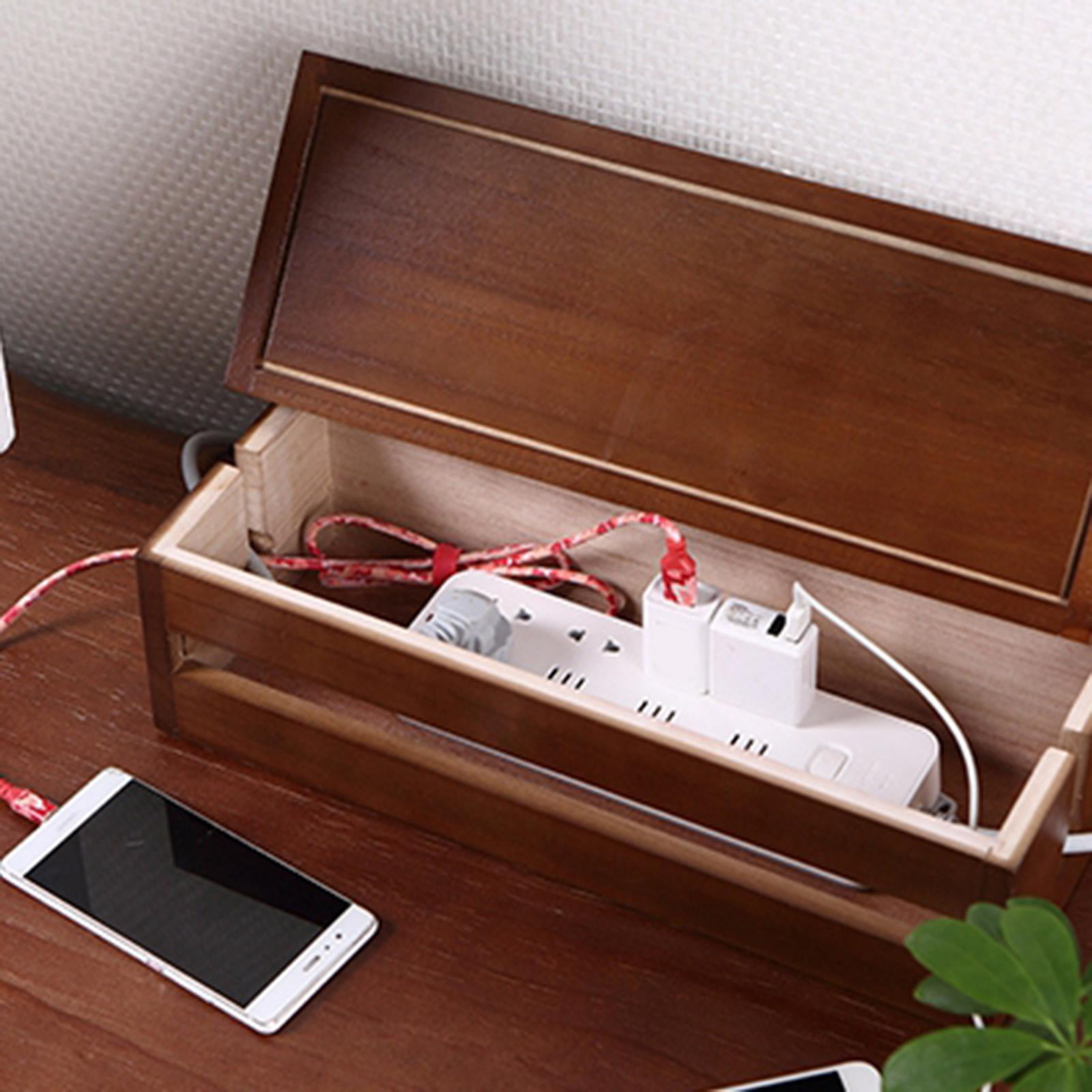Wooden Large Cable Management Box Organizer, Cord Storage Holder Cable Hider for Hiding Cables And Extension Blocks Leads, 37x14x12cm, Coffee