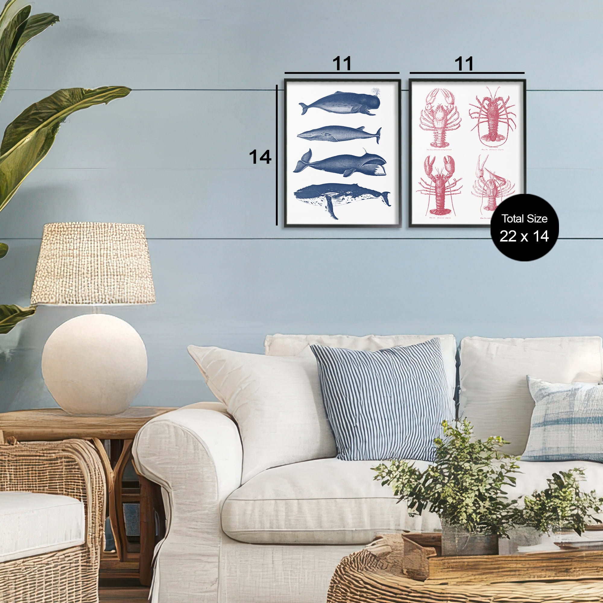 Marine Whales & Lobsters 2 Piece Black Framed Giclee Art Set, design by Lettered and Lined