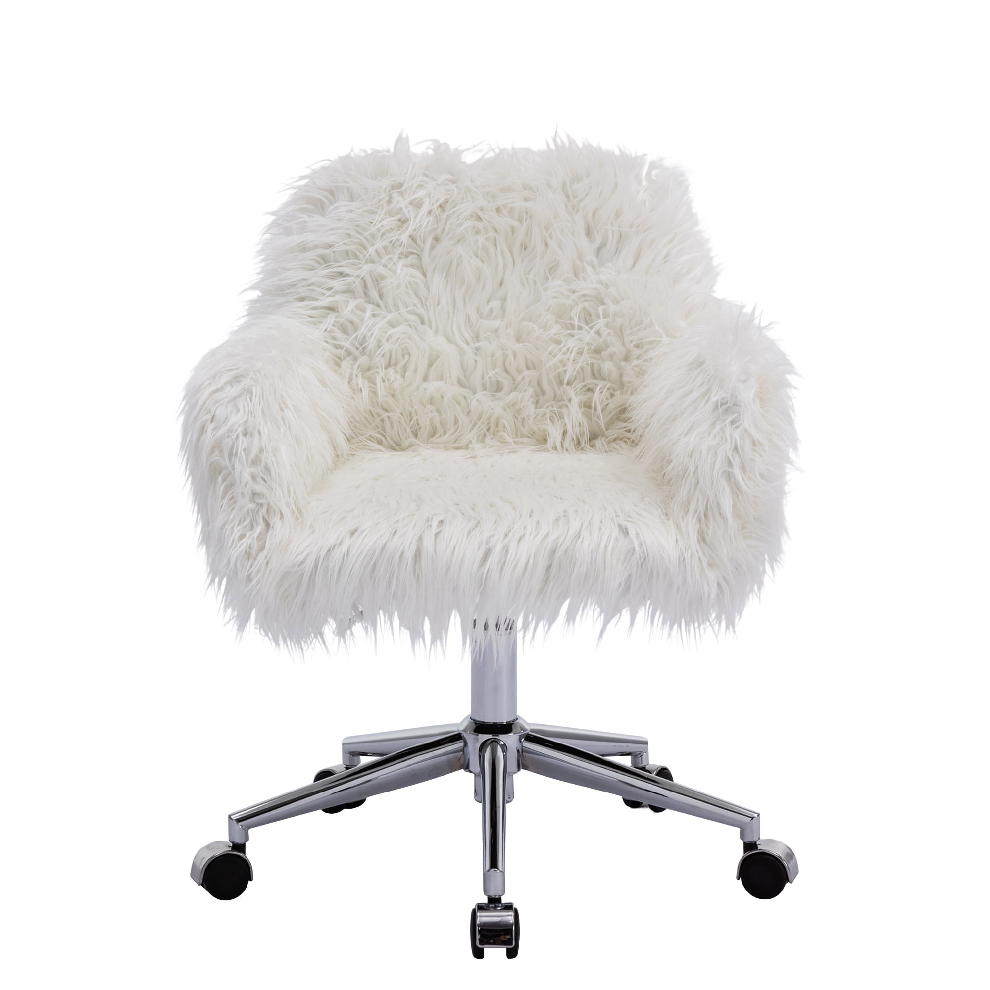 KCC Fluffy Office Desk Chair, Faux Fur Modern Swivel Armchair with Wheels, Soft Comfy Fuzzy Elegant Accent Makeup Vanity Chairs for Women Girls, Home Living Dressing Room Bedroom, White