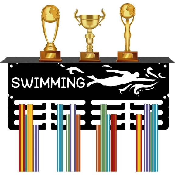 Swimming Medal Holder Trophy Shelf Medal Hangers Display with Shelf Stand Small Sports 4 Rows Wall Mount Hold 70  Medals for Men Swimmer Swim Competition Ribbon Medals Rack 11.4x5.1 Inch Mixed Color