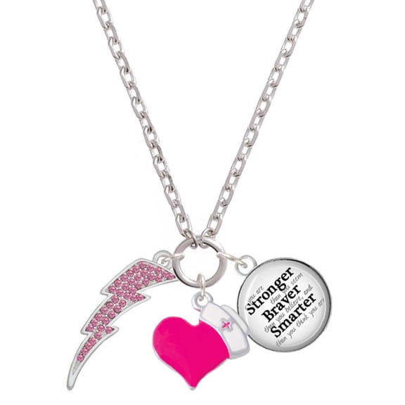 Delight Jewelry Silvertone Large Hot Pink Crystal Lightning Bolt - Hot Pink Heart Nurse Strong Zoe Necklace