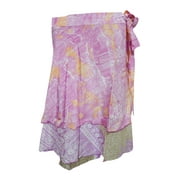 <mark>Mogul</mark> Women Magic Wrap Skirt Pink Floral Print  Silk Sari Two Layer Reversible Mini Skirts