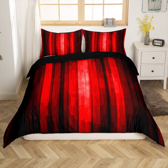 Erosebridal Housse de Couette à Lignes Dégradées Grand Lit, Ensembles de Literie Noir Rouge Format Grand Lit, Housse de Couette à Rayures Géométriques Grand Lit, Décor de Chambre Ombré Léger, Réversible, 3 Pcs (Sans Couette)