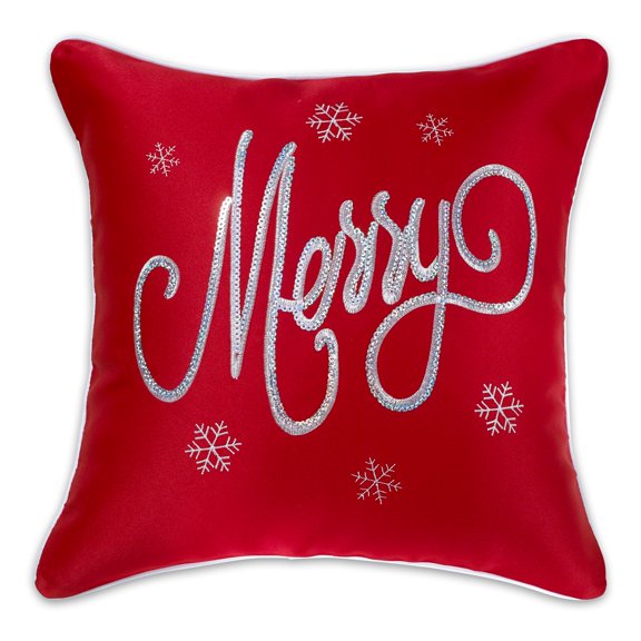 Violet Linen Decorative Christmas Red Embroidered Cushion Cover, 18" x 18" - Merry