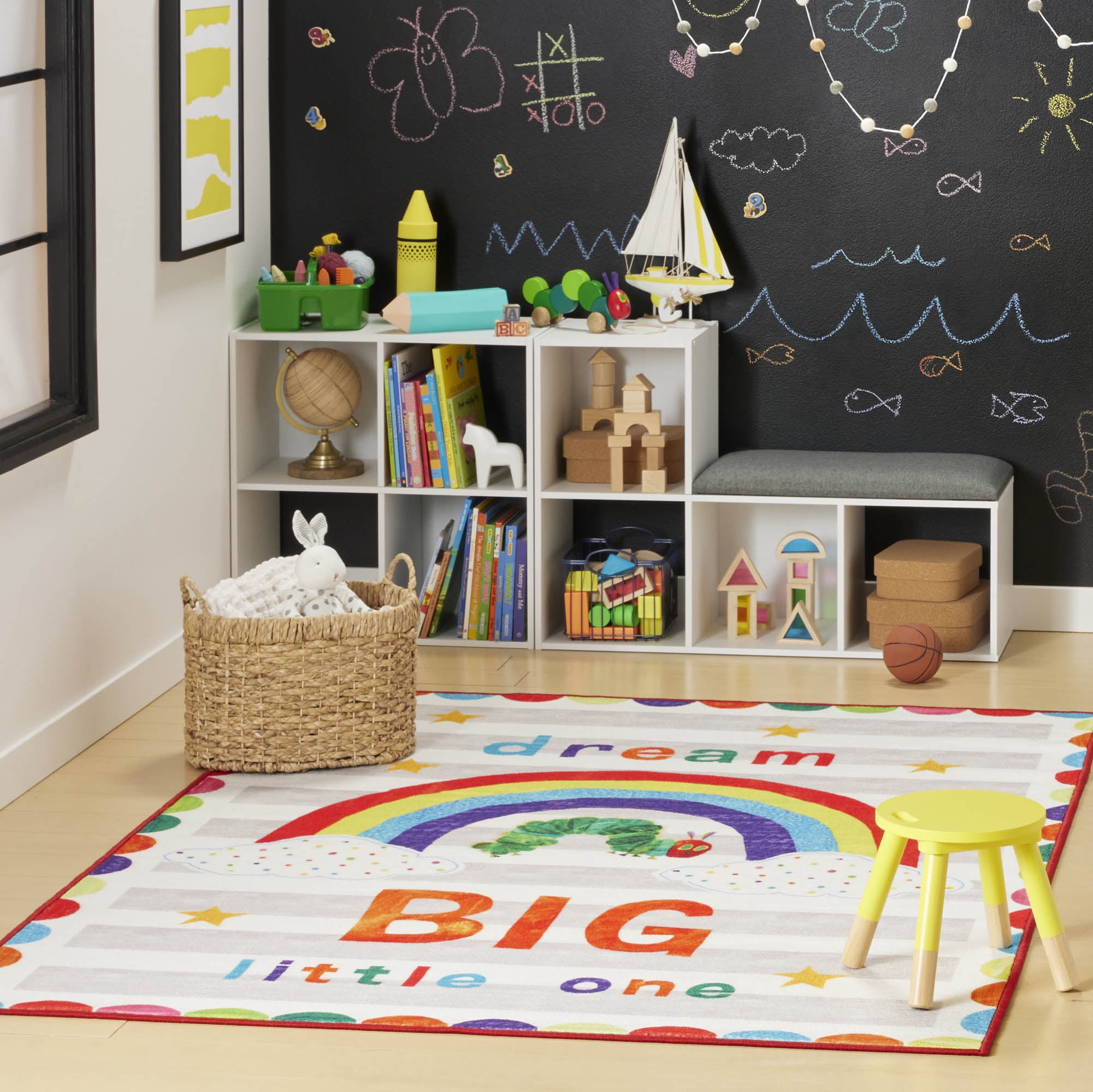 Eric Carle "The Very Hungry Caterpillar" Elementary Dream Big Little One Kids Machine Washable Area Rug, White/Grey, 6'6"x9'5"