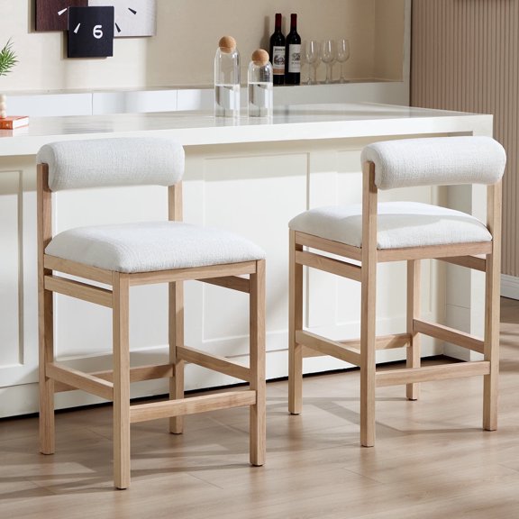 ONEVOG 26.8" Counter Height Bar Stools Set of 2, Modern Farmhouse Solid Wood Barstools with Linen Upholstered Curved Backrest & Cushion, Kitchen Island Chairs, White