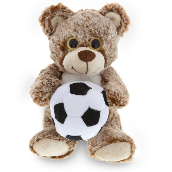 DolliBu Sitting Brown Bear Stuffed Animal with Soccer Ball Plush - Soft Huggable Bear, Adorable Playtime Plush Toy, Cute Wildlife Gift, Soccer Plush Doll Animal Toy for Kids and Adults - 9 Inch
