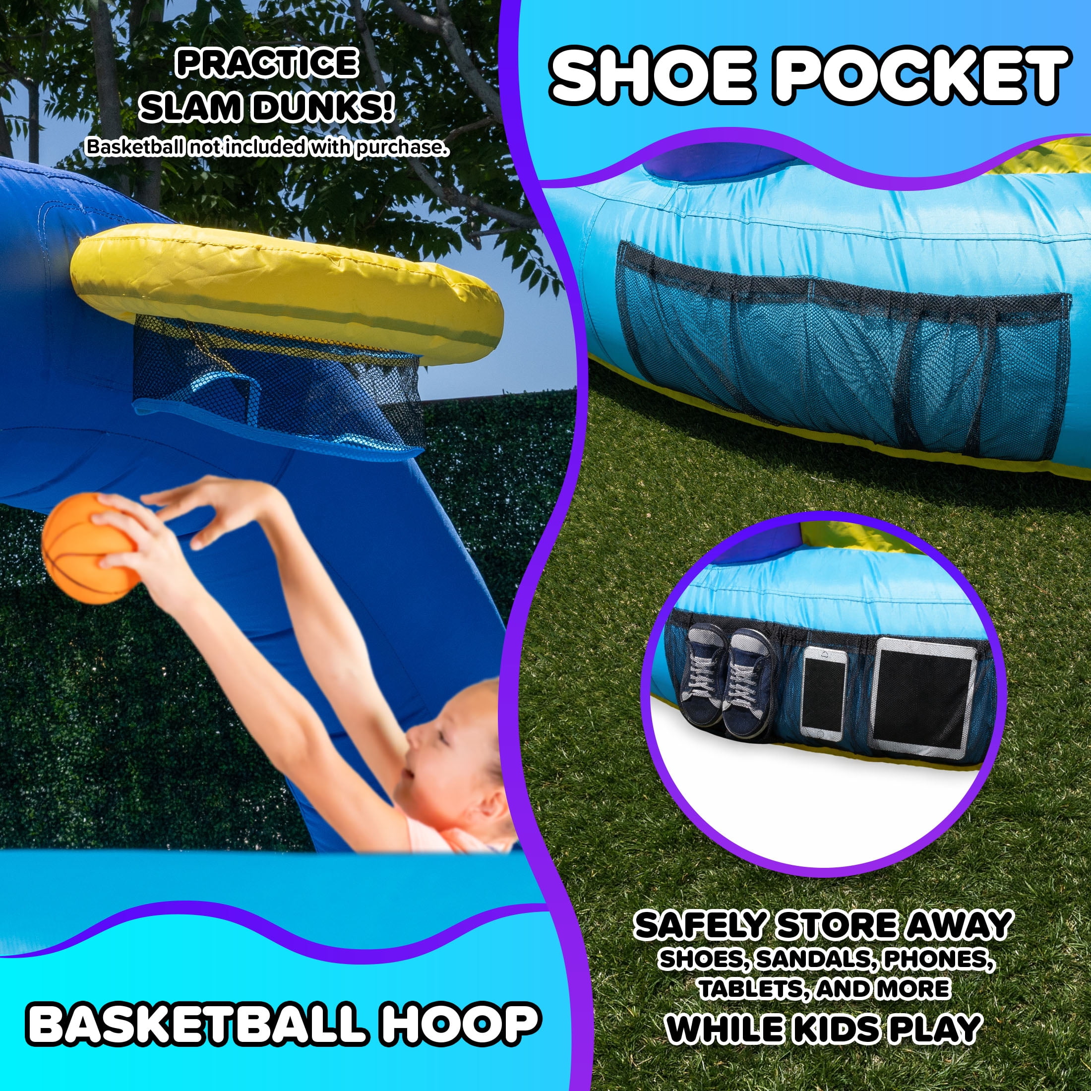 Sportspower Inflatable Bounce House with Slide, Whack-A-Play & Basketball Hoop, Kids Bouncer with 550W GFCI Blower, Outdoor Backyard Play, Ages 3–8