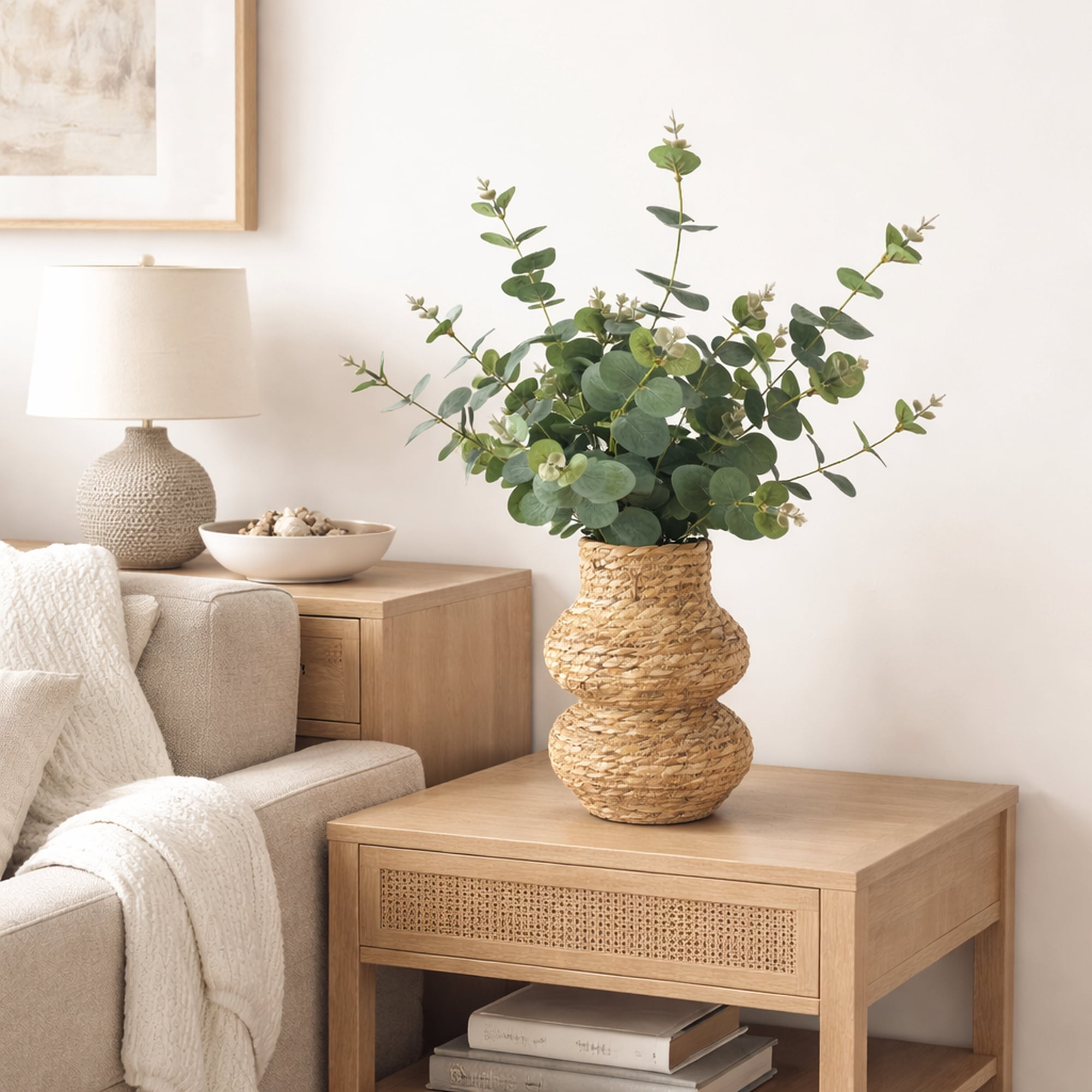 Artificial Plant, 24in Artificial Eucalyptus Plant in a Woven Tiered Basket by LCG Florals, Fake Indoor Faux Plant for Living Room, Office, and Home Decor