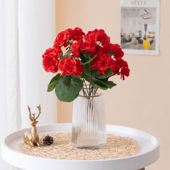 Homwamee 2 Bundles Artificial Geranium Fake Flowers , Red UV Resistant Look Real Faux Plants for Garden Home