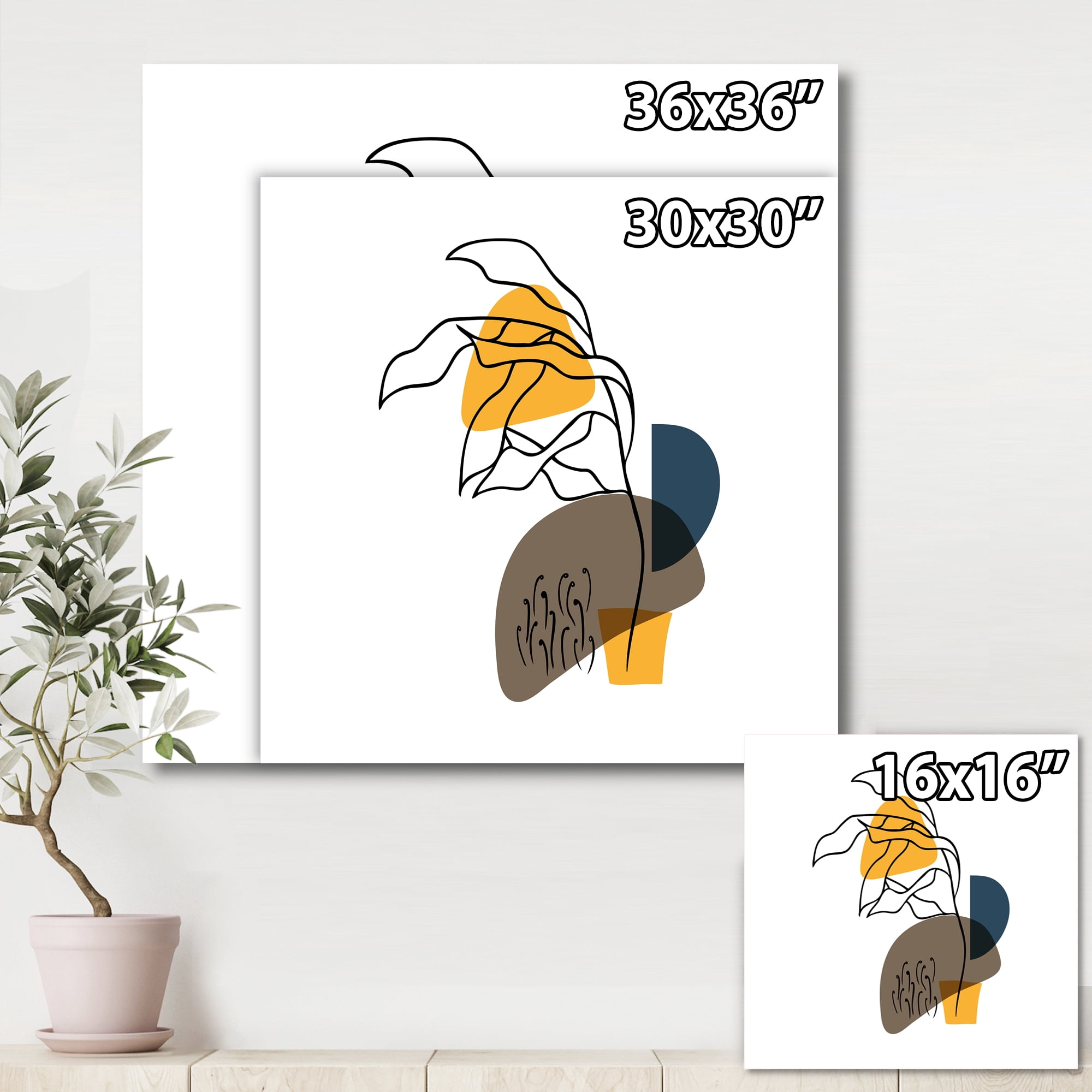 Abstract Minimal Shapes Under Flowers V 16 in x 16 in Painting Canvas Art Print, by Designart