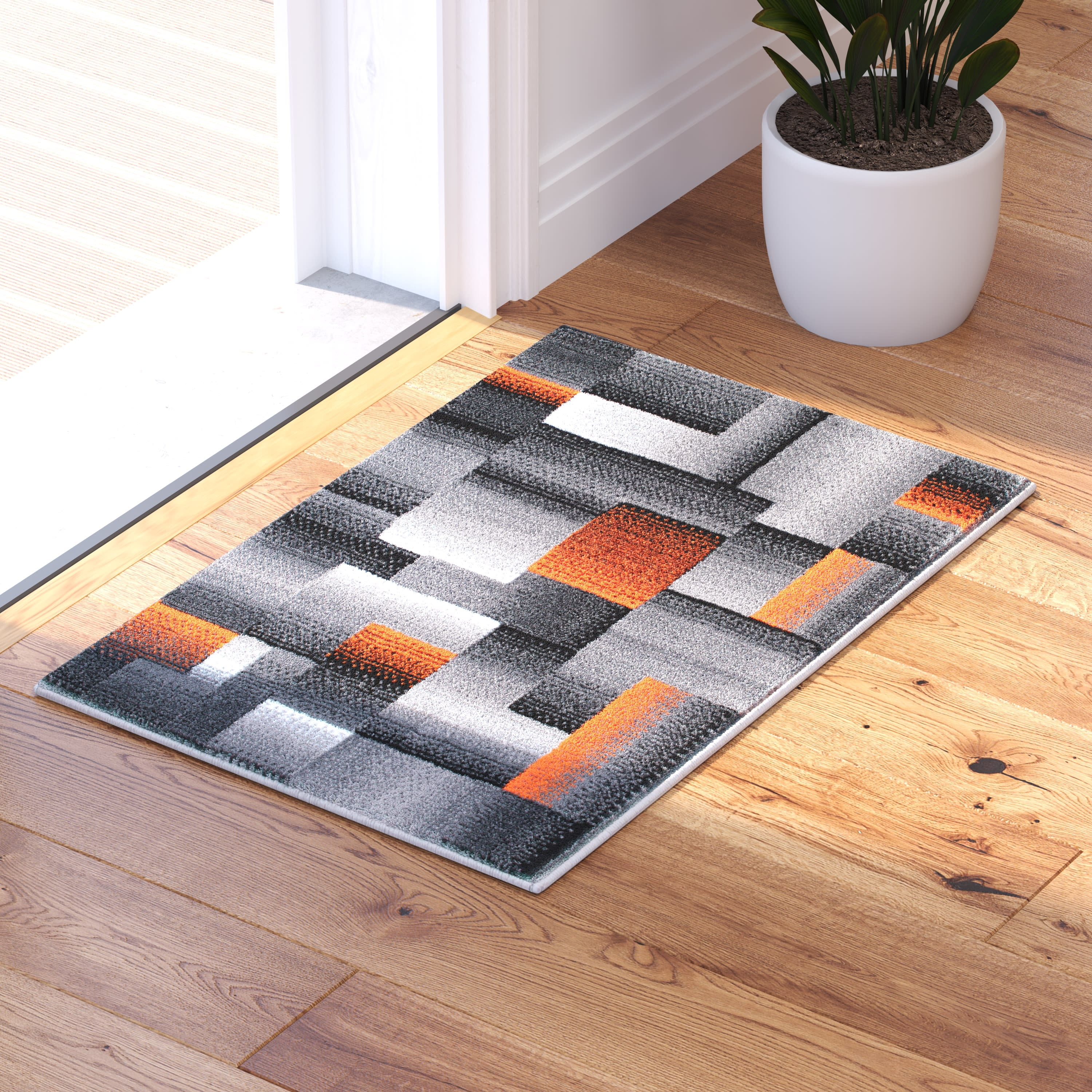Masada Rugs Modern Contemporary Mat Area Rug, Orange Grey Black (2 Feet