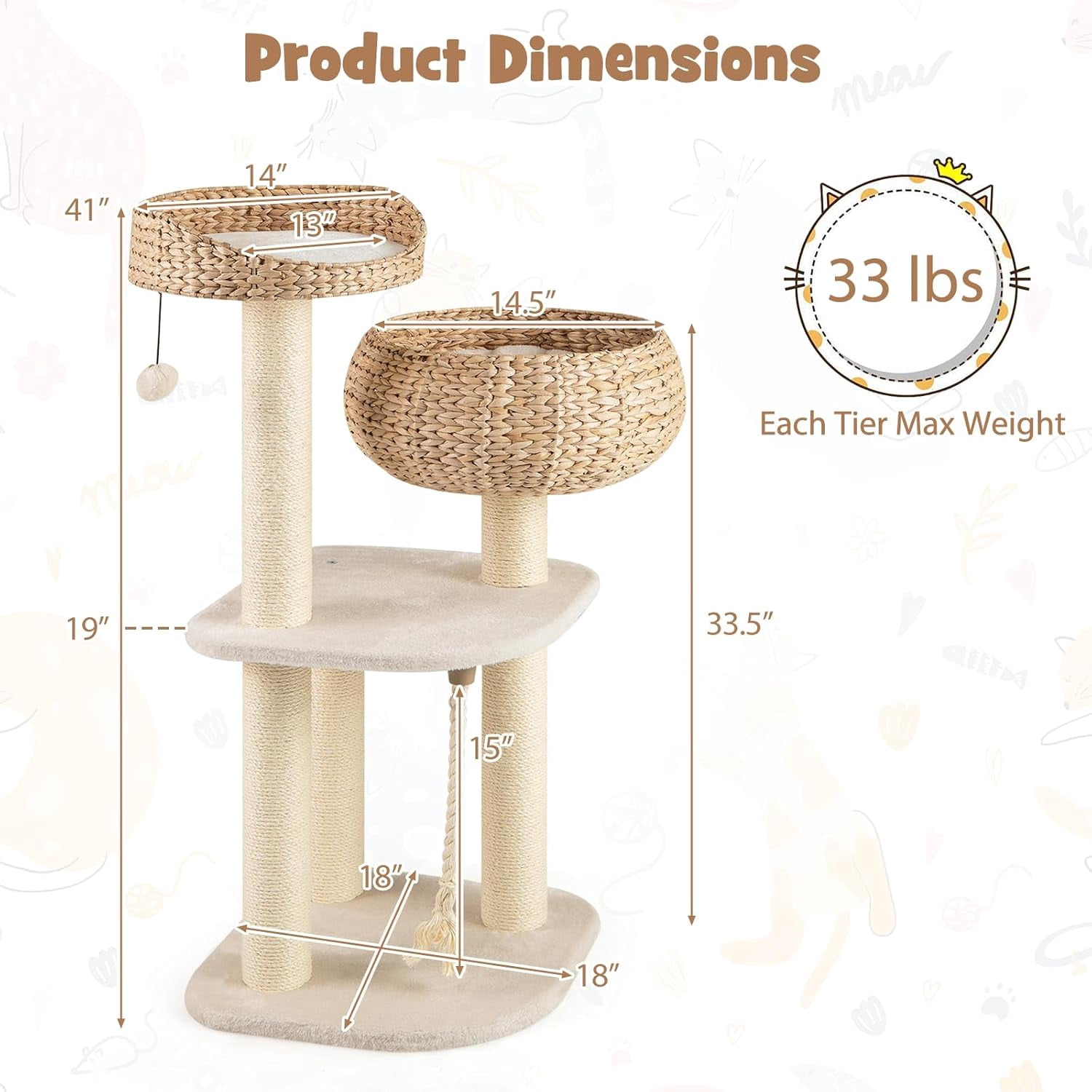 LEHOME Modern Cat Tree, Tall Cat Tower with Natural Sisal Scratching Post, Hand-Made Wicker Cat Condo & Top Perch, Funny Hanging Toy Ball, Cute Cat Tree Tower for Indoor Cats