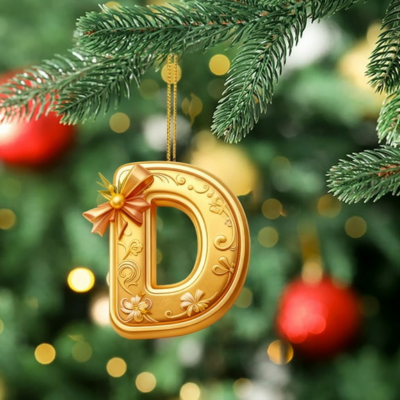 Golden 26 Alphabet Christmas 2D Acrylic Ornaments - 1pc 3.1in(8cm) Cute Backpack & Car Pendant Decor, Festive Holiday Letter Hanging Accessories for Christmas Tree Home Decoration, D