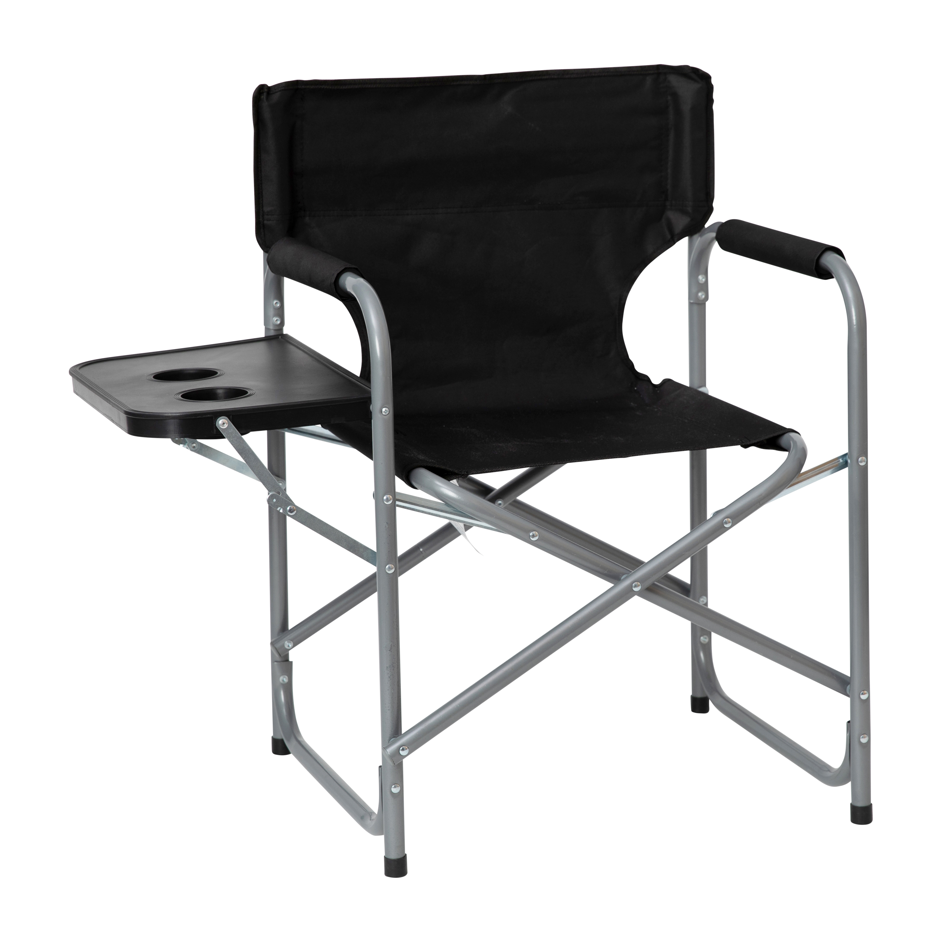 Emma + Oliver Black Canvas Folding Director's Chair with Gray Steel Tube Frame-Integrated Folding Side Table with Cupholders - image 2 of 12
