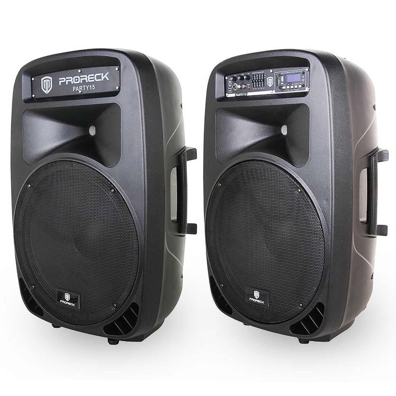 Proreck Party Portable 15" 2000 Watt 2-Way Powered PA Speaker System Combo Set with Bluetooth, USB, SD Card Reader, FM Radio, Remote Control, Wired Microphone and LED Light
