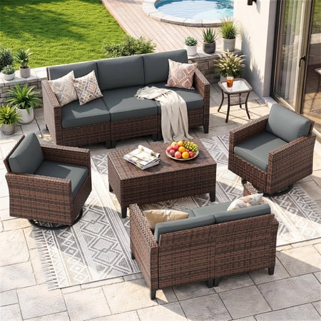 UDPATIO Patio Furniture Set 9 Pieces Outdoor Furniture Sets with Rocking Swivel Chairs Wicker Rattan Outdoor Conversation Set with Storage Table and Waterproof Covers for Backyard Deck Porch