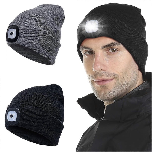 Gorro de punto con luz LED, recargable por USB, 4 luces LED, unisex, cálido, para invierno, con linterna