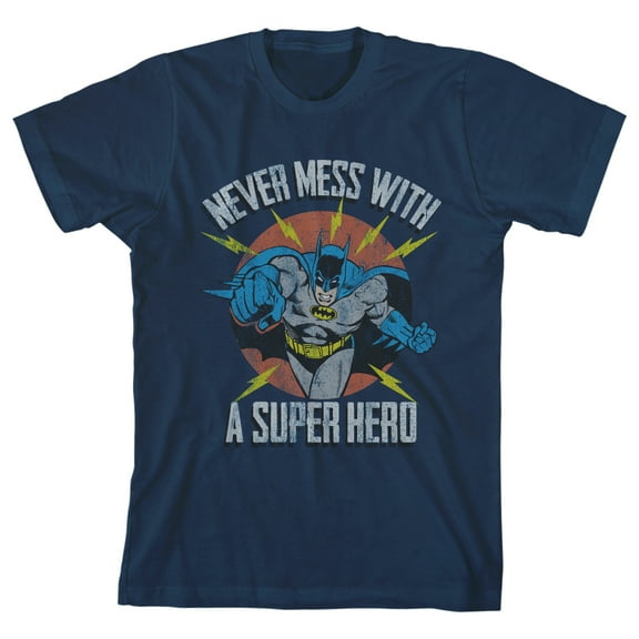 Batman Never Mess With A Superhero Youth Navy Blue Graphic Tee-Medium