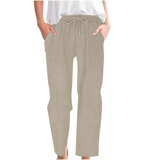 Ohufall Summer Lounge Pants for Womens Solid Comfy Full Length Plus Size Casual Pants Elastic Waisted Drawstring Straight Leg Pull-on Pants with Pockets, S-3XL
