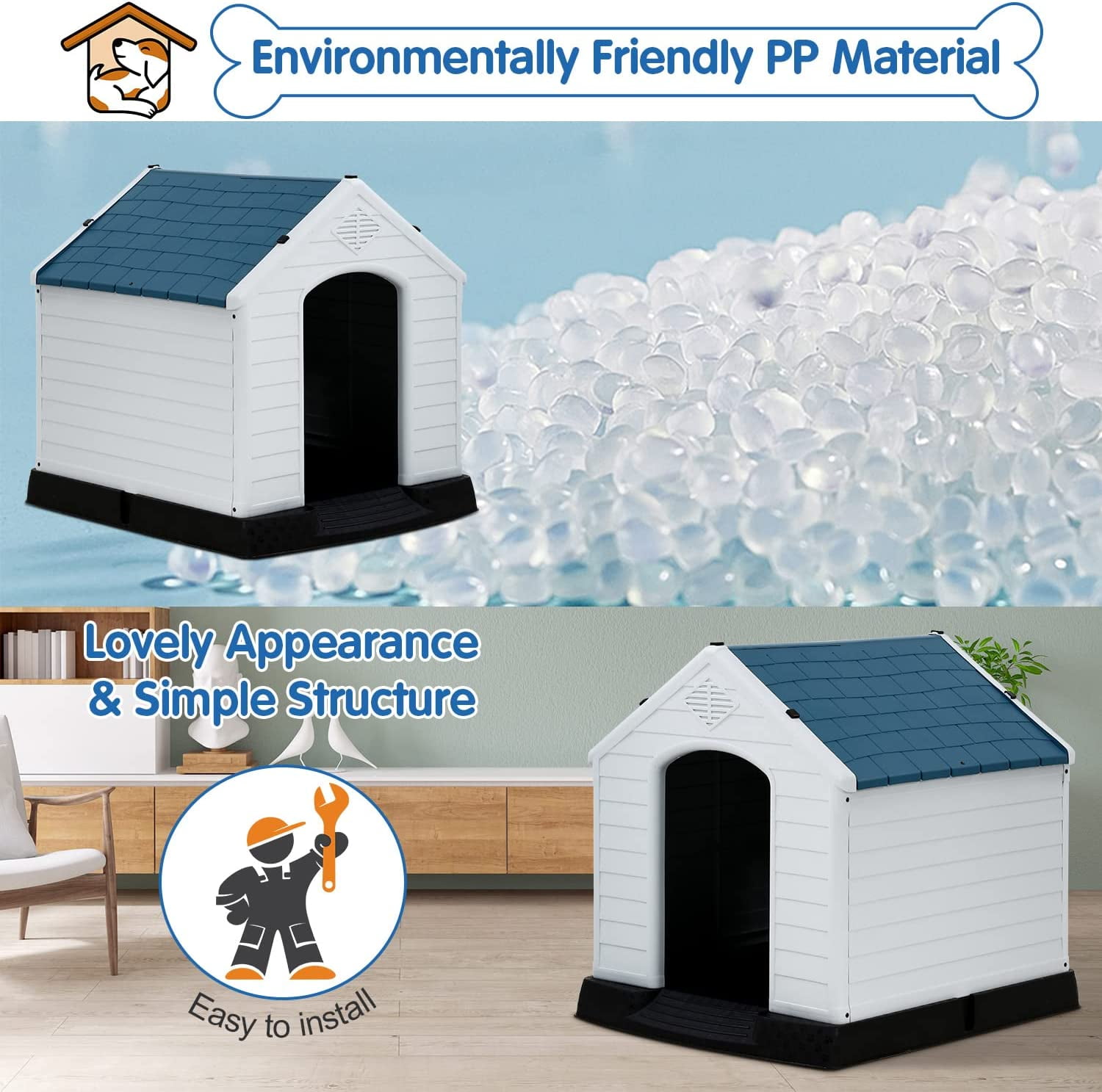 BIQWBIC 28 inch Dog House Small Plastic Portable Dog House for Balcony, Blue