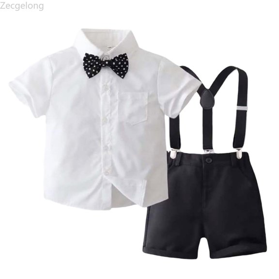 Zecgelong Boys' Gentleman Solid Color Shirt & Suspenders Set | Summer Formal Suit For Kids | Stage & Party Outfit Boys Dressy Short Sleeve Sets for Boys 2-3 Years