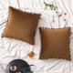 thumbnail image 1 of Paquete de 2 fundas de almohada de terciopelo con pompones decorativos, fundas de cojín suaves y lisas con pompones cuadrados para sofá, dormitorio, coche, 18 x 18 pulgadas, verde oscuro, 1 of 6
